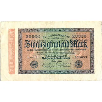 NĚMECKO. 20.000 Mark, 20.2.1923. Ro. 84b. VZ: kruhy. FZ: FZ. Série L.