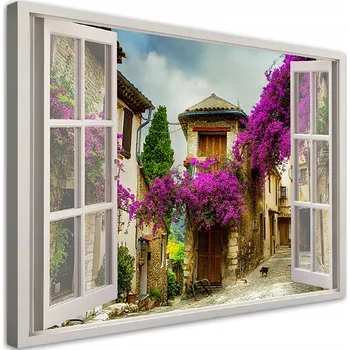 Obraz Obraz na plátně, Pohled z okna Ulice květiny vintage 90x60