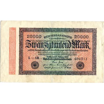 NĚMECKO. 20.000 Mark, 20.2.1923. Ro. 84b. VZ: kruhy. FZ: XB. Série L.
