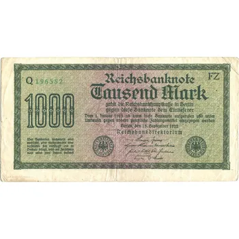 NĚMECKO. 1.000 Mark. Ro. 75m. 15. 9.1922. Firma FZ, série Q. VZ: mříže s 8.