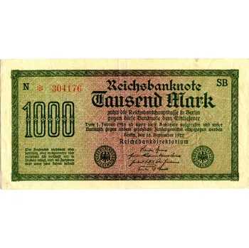 NĚMECKO. 1.000 Mark. Ro. 75d. 15. 9.1922. Firma SB, série N. VZ: Trny.
