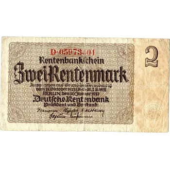 NĚMECKO. 2 Rentenmark. Ro. 167c. 30. 1.1937. Série D