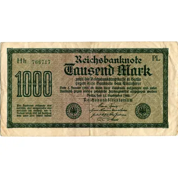 NĚMECKO. 1.000 Mark. Ro. 75m. 15. 9.1922. Firma PL, série Hh.VZ: mříže s 8.