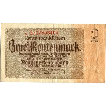 NĚMECKO. 2 Rentenmark. Ro. 167c. 30. 1.1937. Série E.