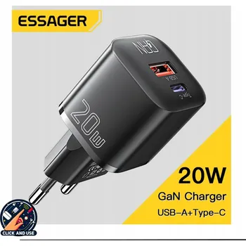 Síťová nabíječka Essager USB-C 20W černá PD QC 2 porty