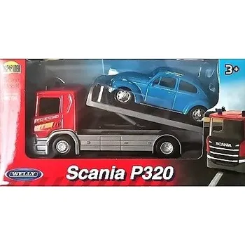 autíčko Welly SCANIA P320 ODTAHOVÝ VŮZ RED W/ VOLKSWAGEN BEETLE BLUE 926621