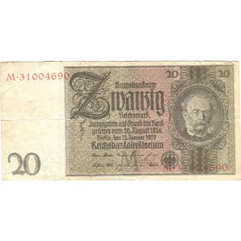 Sběratelství NĚMECKO. 20 Reichsmark. Ro. 174a. 22. 1.1929. Podtisk M, série M.