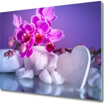 Kuchyňské prkénko Skleněná krájecí deska Orchidej a srdce 60x52 cm
