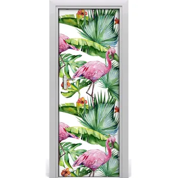 Fototapeta Samolepící fototapeta na dveře listí a plameňáci 95x205 cm