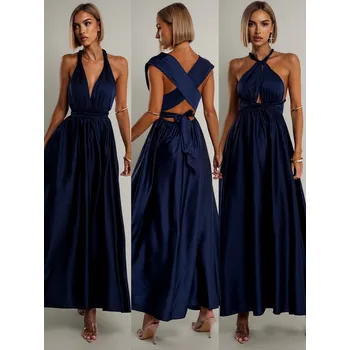 Dámské šaty Tmavě modré saténové šaty VALERDY s variabilním vázáním / bez rozparku Velikost: ONESIZE