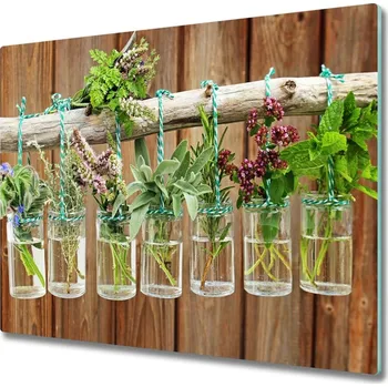 Kuchyňské prkénko Skleněná krájecí deska Byliny ve sklenicích 60x52 cm