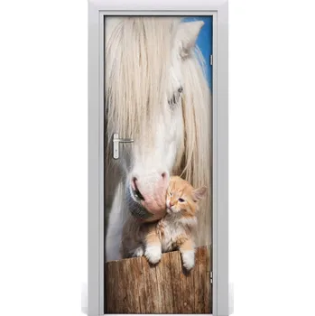 Fototapeta Samolepící fototapeta na dveře Bílý kůň s kočkou 85x205 cm