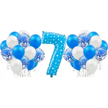 Balónek Sada MODRÁ na 7. NAROZENINY, výročí, svatbu BALÓNKY modré, bílé, konfety