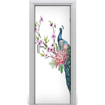 Fototapeta Samolepící fototapeta na dveře Páv a květiny 95x205 cm