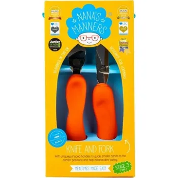 Příbor Nana's Manners Nana's Manners, KROK 3, Samojedlé příbory, vidlička a nůž, pomeranč, 3-9 let