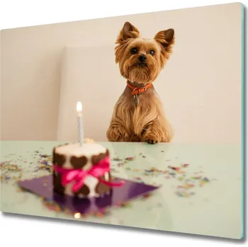 Kuchyňské prkénko Skleněné deska do kuchyně Pes s dortem 60x52 cm