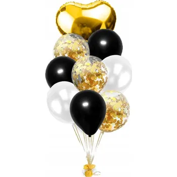 Balónek Balónky sada ČERNÁ ZLATÁ BÍLÁ s KONFETAMI
