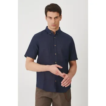 Pánská košile Lněná košile Medicine tmavomodrá barva, regular, s límečkem button-down RS25.KKM070 59M, vel. S