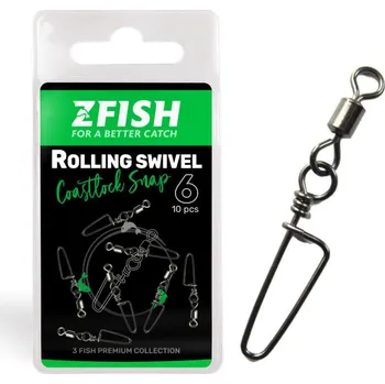 Zfish Obratlík s Karabinou Rolling Swivel & Coastlock Snap 10ks Nosnost: 15kg, Velikost: 14