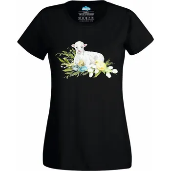 Dámské tričko Jehně s Kuřátkem na Jarních květinách (Velikost: 4XL, Barva: Černá)