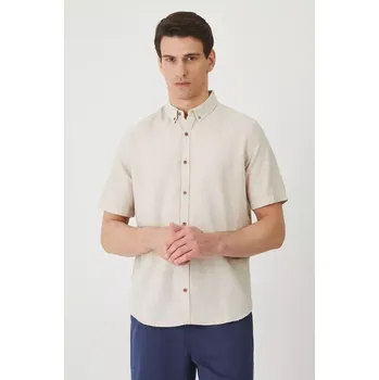 Pánská košile Lněná košile Medicine béžová barva, regular, s límečkem button-down RS25.KKM070 08M, vel. XL