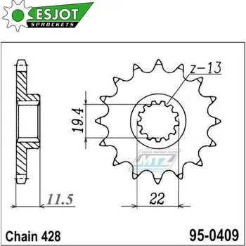 Řetězová sada pro motocykl Kolečko řetězové (pastorek) 0409-14zubů ESJOT 50-15021-14 - Kawasaki KLX125A + KLX125L + Suzuki DRZ125 + DRZ125L + DR125S Raider + DR125 + DR125SE 95-0409-14-ES