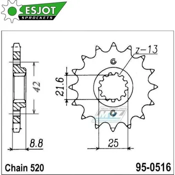 Řetězová sada pro motocykl Kolečko řetězové (pastorek) 0516-15zubů ESJOT 50-32002-15 - Kawasaki EL250 Chopper + EL250 + GPZ250R + GPX250R + KLX250S + ZZR250 + BR250 + KL250 + KR250 + KLX300 + KLR500 + KLR600 + KLR650 + Suzuki G KAWASAKI KLR 600 1984-1990