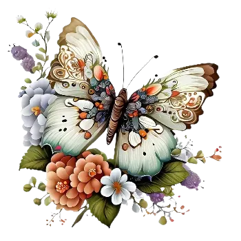 Nažehlovací obrázek - bílý motýl s květy (8,0 x 8,0 cm)