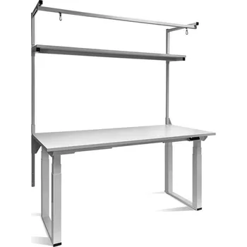Dílenský stůl Pracovní stůl KLASIK ELEKTRIK, elektricky nastavitelná výška, s horní policí a rampou, 1500x900 mm