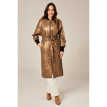 Dámský kabát Stylový dámský kožený kabát cappuccino (L - 40)