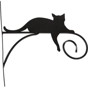 Květináč Dekorační kovový závěsný hák s kočkou, 27 x 1,5 x 26,5 cm, černá