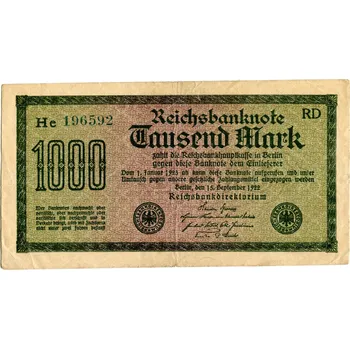 NĚMECKO. 1.000 Mark. Ro. 75m. 15. 9.1922. Firma RD, série He. VZ: mříže s 8.