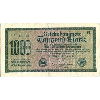 NĚMECKO. 1.000 Mark. Ro. 75m. 15. 9.1922. Firma PL, série Uu. VZ: mříže s 8.