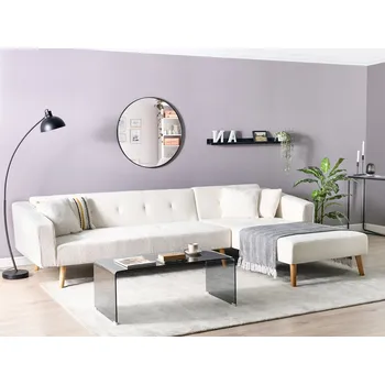 Pohovka Rohová pohovka krémově bílá buklé čalounění se 3 polštáři ve tvaru L levostranná funkce spaní moderní styl obývací pokoj Beliani