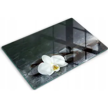 Obraz Skleněná tvrzená krytka s potiskem S Potiskem 80x52 cm Bílý květ, kameny Zen