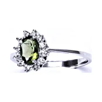 Prsten Stříbrný prsten Kate přírodní vltavín - T1480 (Stříbrný prsten s vltavínem 7x5 mm a zirkony)