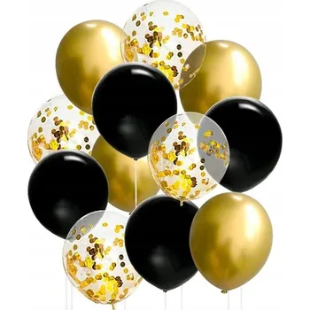 Balónek Sada balónků s konfetami ČERNÁ ZLATÁ STŘÍBRNÁ x14