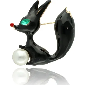 Brož Yvon Černá brož liška se zelenými očima a perlovým detailem