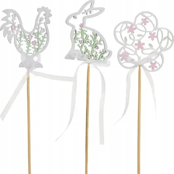Velikonoční dekorace Slepička, zajíček, kytička - dřevěné zápichy 6x6/34 cm - 3 ks set