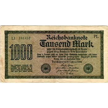 NĚMECKO. 1.000 Mark. Ro. 75m. 15. 9.1922. Firma PL, série Ll. VZ: mříže s 8.