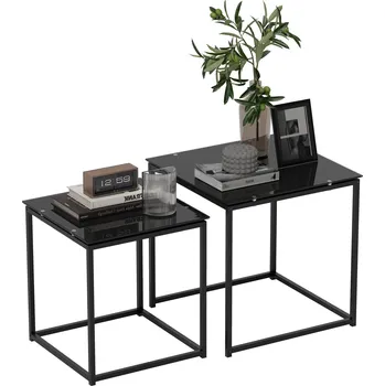 Konferenční stolek HOMCOM odkládací stolek sada 2 konferenčních stolků sada konferenčních stolků se skleněnou deskou čtvercový ocelový rozkládací stolek černý do obývacího pokoje | Aosom.de