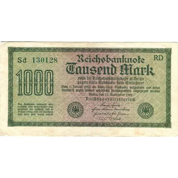 NĚMECKO. 1.000 Mark. Ro. 75m. 15. 9.1922. Firma RD, série Sd. VZ: mříže s 8.