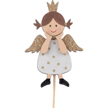 Vánoční dekorace Zápich dřevo 65x100mm + špejle Anděl, přírodní s glitrem, bílá