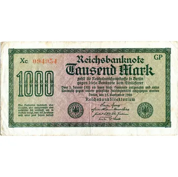 NĚMECKO. 1.000 Mark. Ro. 75q. 15. 9.1922. Firma GP, série Xc. Wellenlinien.