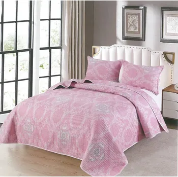 Přehoz na lůžko Bavlněný přehoz přes postel na dvojlůžko s 2 povlaky na polštáře - Růžový ornament