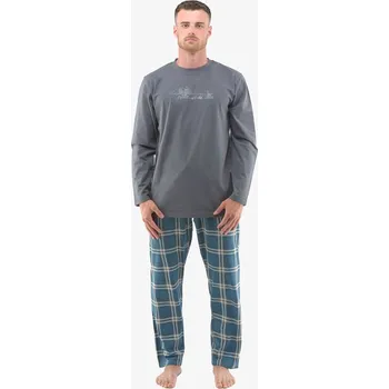 Pánské pyžamo GINA pánské pyžamo dlouhé pánské, šité, s potiskem Pyžama 2022 79133P Barva: tm. šedá petrolejová, Velikost: L