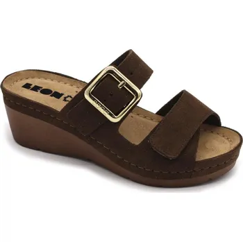 Dámská zdravotní obuv Leon 1110 Dámské kožené pantofle na klínku - Hnědá Velikost: 40