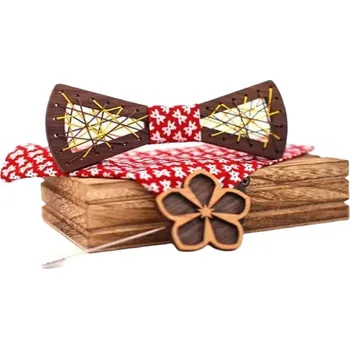 Motýlek Gaira® Dřevěný motýlek s kapesníčkem a broží 709225, Barva červená