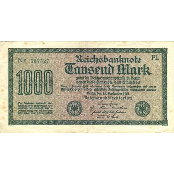 NĚMECKO. 1.000 Mark. Ro. 75m. 15. 9.1922. Firma PL, série Nn. VZ: mříže s 8.