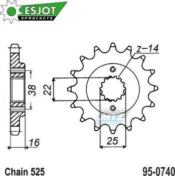 Řetězová sada pro motocykl Kolečko řetězové (pastorek) 0740-14zubů ESJOT 50-29022-14 - Ducati 795 Monster + 796 Hypermotard + 796 Monster + 916 Sport Touring + 944 Sport Turismo + 950 Multistrada + 996 Biposto + 996 Monster + 9 DUCATI Monster 796 (ABS) 2010-2014